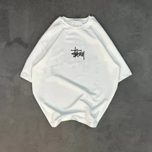 Unisex Bisiklet Yaka Baskılı Oversize T-Shirt - Beyaz