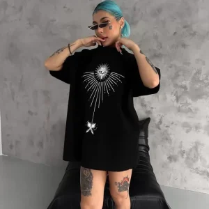 Alternative view of Unisex Bisiklet Yaka Baskılı Oversize T-Shirt - Siyah