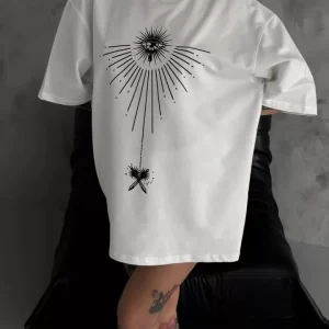 Unisex Bisiklet Yaka Baskılı Oversize T-Shirt - Beyaz