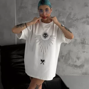 Alternative view of Unisex Bisiklet Yaka Baskılı Oversize T-Shirt - Beyaz