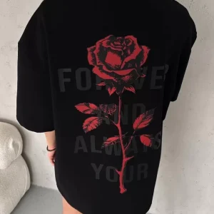 Alternative view of Unisex Bisiklet Yaka Baskılı Oversize T-Shirt - Siyah