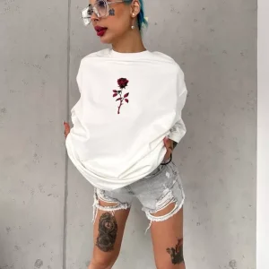 Unisex Bisiklet Yaka Baskılı Oversize T-Shirt - Beyaz