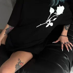Unisex Bisiklet Yaka Baskılı Oversize T-Shirt - Siyah