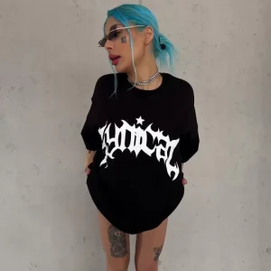 Alternative view of Unisex Bisiklet Yaka Baskılı Oversize T-Shirt - Siyah