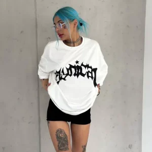 Alternative view of Unisex Bisiklet Yaka Baskılı Oversize T-Shirt - Beyaz