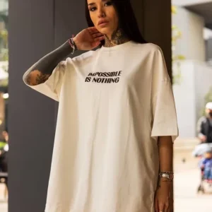 Unisex Bisiklet Yaka Baskılı Oversize T-Shirt - Beyaz