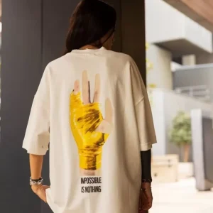 Alternative view of Unisex Bisiklet Yaka Baskılı Oversize T-Shirt - Beyaz