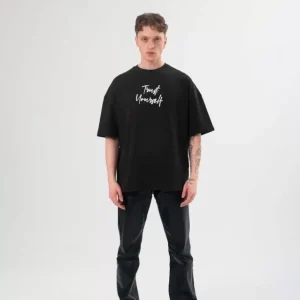 Unisex Bisiklet Yaka Baskılı Oversize T-Shirt - Siyah