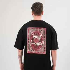 Alternative view of Unisex Bisiklet Yaka Baskılı Oversize T-Shirt - Siyah