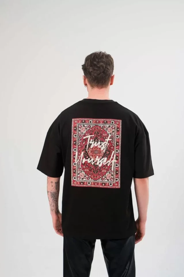 Unisex Bisiklet Yaka Baskılı Oversize T-Shirt - Siyah - Görsel 2