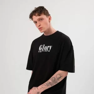 Unisex Bisiklet Yaka Baskılı Oversize T-Shirt - Siyah