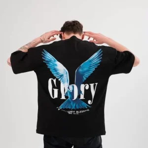 Alternative view of Unisex Bisiklet Yaka Baskılı Oversize T-Shirt - Siyah