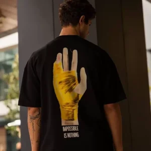Alternative view of Unisex Bisiklet Yaka Baskılı Oversize T-Shirt - Siyah