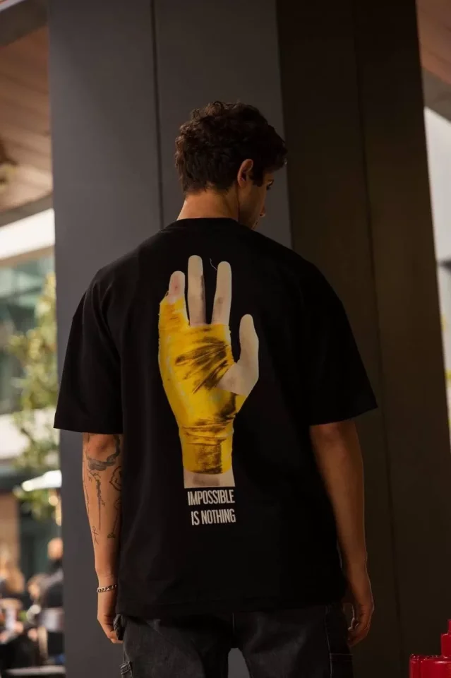 Unisex Bisiklet Yaka Baskılı Oversize T-Shirt - Siyah - Görsel 2