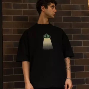 Unisex Bisiklet Yaka Baskılı Oversize T-Shirt - Siyah