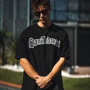 Unisex Bisiklet Yaka Baskılı Oversize T-Shirt - Siyah