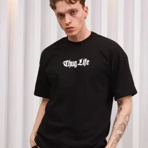 Unisex Bisiklet Yaka Baskılı Oversize T-Shirt - Siyah