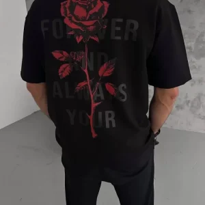 Alternative view of Unisex Bisiklet Yaka Baskılı Oversize T-Shirt - Siyah