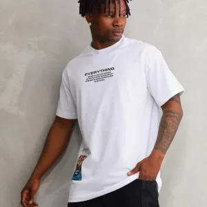 Alternative view of Unisex Bisiklet Yaka Baskılı Oversize T-Shirt - Beyaz