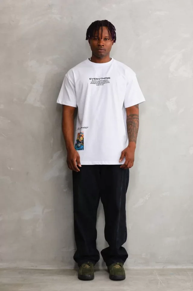 Unisex Bisiklet Yaka Baskılı Oversize T-Shirt - Beyaz - Görsel 4