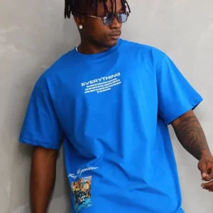 Alternative view of Unisex Bisiklet Yaka Baskılı Oversize T-Shirt - Mavi