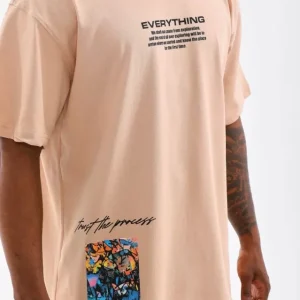 Alternative view of Unisex Bisiklet Yaka Baskılı Oversize T-Shirt - Bej