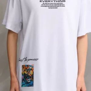 Alternative view of Unisex Bisiklet Yaka Baskılı Oversize T-Shirt - Beyaz