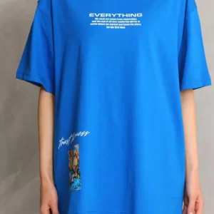 Alternative view of Unisex Bisiklet Yaka Baskılı Oversize T-Shirt - Mavi