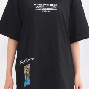 Alternative view of Unisex Bisiklet Yaka Baskılı Oversize T-Shirt - Siyah