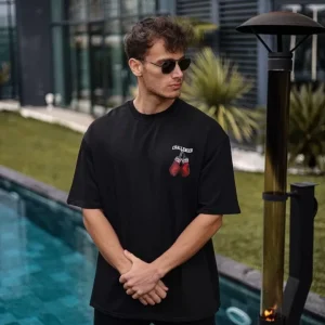 Unisex Bisiklet Yaka Baskılı Oversize T-Shirt - Siyah