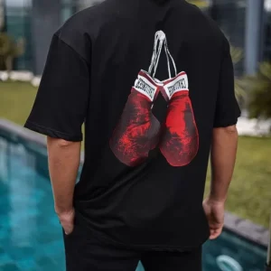 Alternative view of Unisex Bisiklet Yaka Baskılı Oversize T-Shirt - Siyah