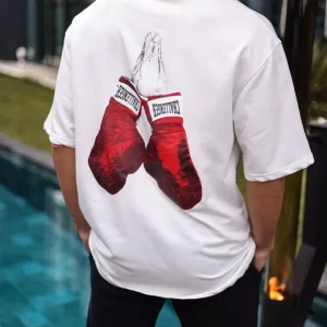 Alternative view of Unisex Bisiklet Yaka Baskılı Oversize T-Shirt - Beyaz
