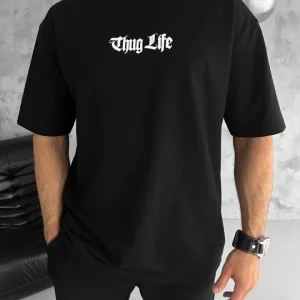 Alternative view of Unisex Bisiklet Yaka Baskılı Oversize T-Shirt - Siyah