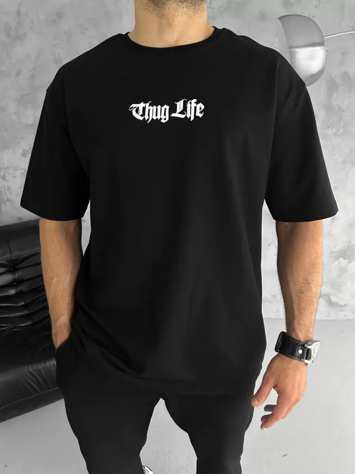 Unisex Bisiklet Yaka Baskılı Oversize T-Shirt - Siyah - Görsel 2