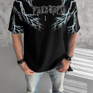 Unisex Bisiklet Yaka Baskılı Oversize T-Shirt-Siyah