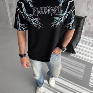 Alternative view of Unisex Bisiklet Yaka Baskılı Oversize T-Shirt-Siyah