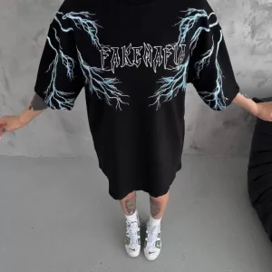 Unisex Bisiklet Yaka Baskılı Oversize T-Shirt - Siyah