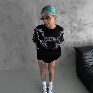 Alternative view of Unisex Bisiklet Yaka Baskılı Oversize T-Shirt - Siyah