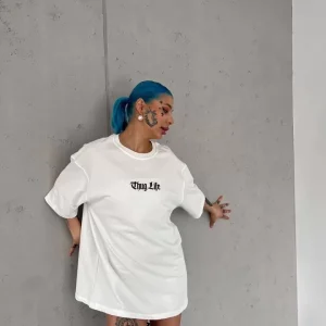 Alternative view of Unisex Bisiklet Yaka Baskılı Oversize T-Shirt - Beyaz