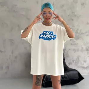 Alternative view of Unisex Bisiklet Yaka Baskılı Oversize T-Shirt - Beyaz