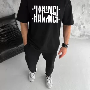 Unisex Bisiklet Yaka Katlanan Baskılı T-Shirt - Siyah
