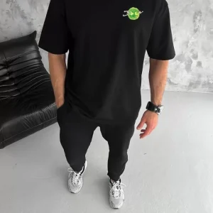 Unisex Bisiklet Yaka Baskılı Oversize T-Shirt - Siyah