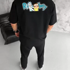 Alternative view of Unisex Bisiklet Yaka Baskılı Oversize T-Shirt - Siyah