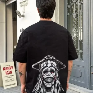 Alternative view of Unisex Bisiklet Yaka Baskılı Oversize T-Shirt - Siyah