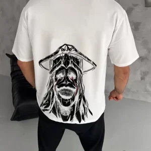 Alternative view of Unisex Bisiklet Yaka Baskılı Oversize T-Shirt - Beyaz