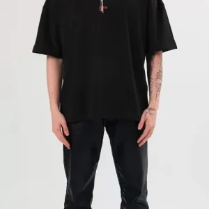 Unisex Bisiklet Yaka Baskılı Oversize T-Shirt - Siyah