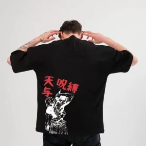 Alternative view of Unisex Bisiklet Yaka Baskılı Oversize T-Shirt - Siyah