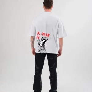 Alternative view of Unisex Bisiklet Yaka Baskılı Oversize T-Shirt - Beyaz