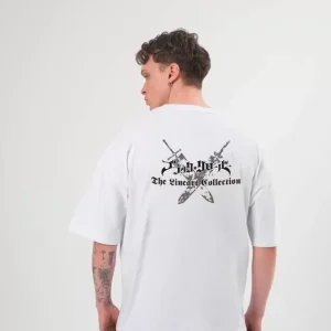 Alternative view of Unisex Bisiklet Yaka Baskılı Oversize T-Shirt - Beyaz