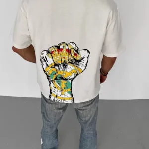 Alternative view of Unisex Bisiklet Yaka Baskılı Oversize T-Shirt - Beyaz